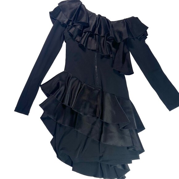 NWT Alice + Olivia Izzy One-Shoulder Black Asymmetrical Ruffle Dress Size 2 - Picture 8 of 12